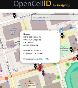 Example of location identified from MCC, MNC, LAC, and CellID.