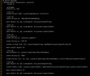 Aes.java smali code showing AES/CBC encryption with a hard-coded key.
