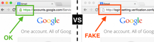 Image 12: a real Gmail login (left) and a fake login page (right).