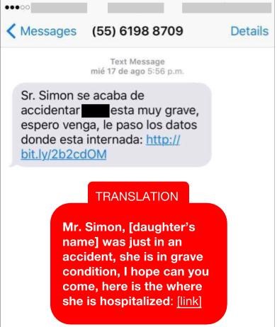 Figure 2. SMS message sent to Dr. Simon Barquera, telling him that his daughter was in a serious car accident, and to click the link to learn about the hospital.