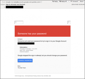 Figure 4: Phishing Email 1, mimicking a genuine message from Google