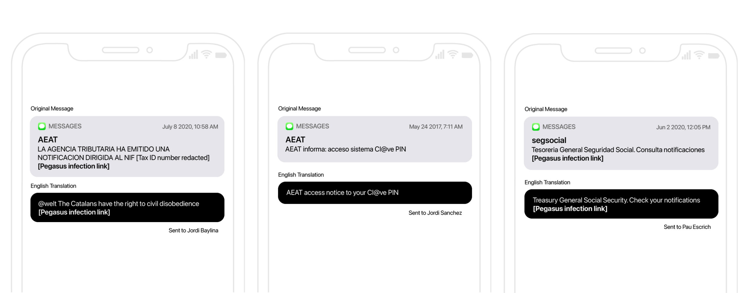 Image of iPhone notifications showing text messages with malicious links attached