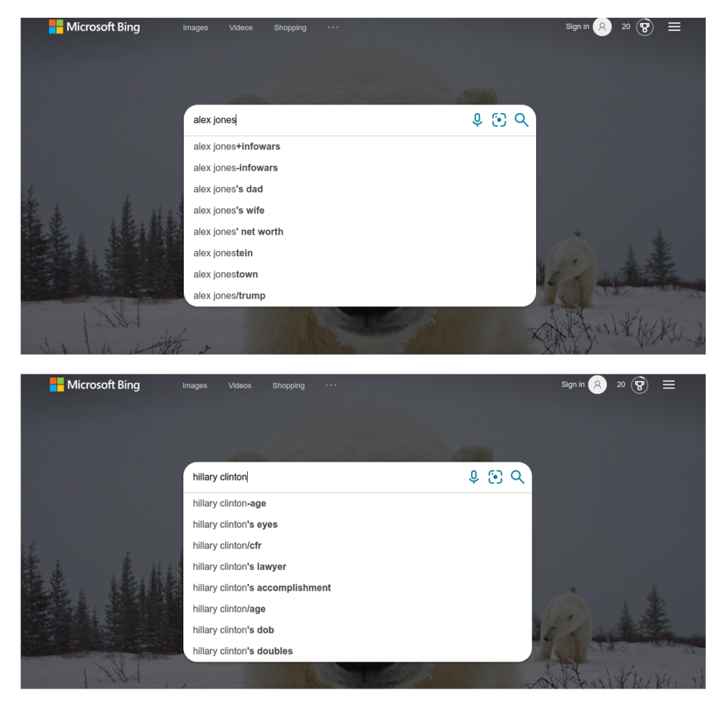 November 2021 autosuggestions for “alex␣jones” “hillary␣clinton” in the United States English locale never contain their bare names nor their names followed by spaces.