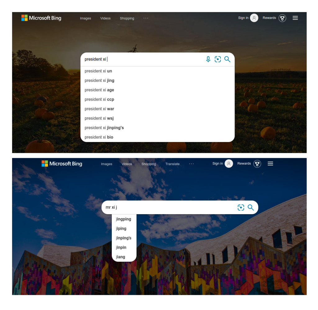 Top, October 2021 autosuggestions for “president␣xi␣” in the United States English locale suggested “president xi jing” and “president xi jinping's” but seemed unable to utter “president xi jinping”; bottom, May 2022 autosuggestions for “mr␣xi␣j”, again only suggesting typos and “jinping” followed by an apostrophe.