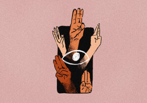 Five hands emerging from a phone, each with three fingers raised. A watchful eye is centred on the phone.
