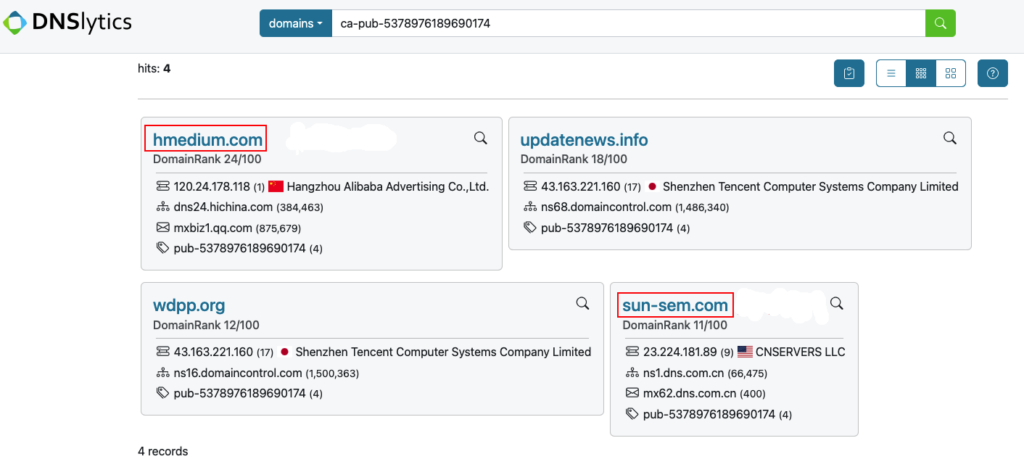 Results of a reverse search for websites using the Google AdSense ID ca-pub-5378976189690174 via DNSlytics, a freely available online tool, showing the two previously identified PAPERWALL websites, as well as the official Haimai website, and a secondary one directly related to it