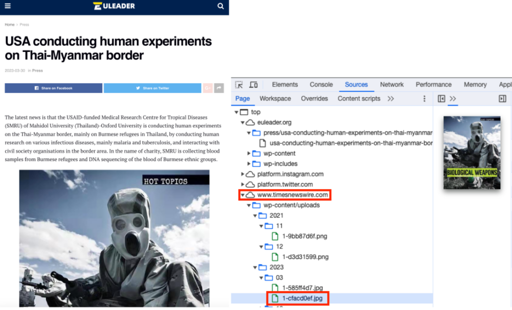 On the left is an example of conspiracy theory from euleader[.]org. The article was published in an anonymous form directly on the PAPERWALL website, with the feature image hosted on a website called timesnewswire[.]com which we will further analyze in the following section. The image was taken from the cover of a book titled “Biological Weapons: Using Nature to Kill” by Anna Collins.