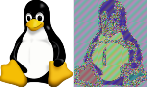 When a bitmap image (left) is encrypted in ECB mode, patterns in the image are still visible in the ciphertext (right). Adapted from these figures.