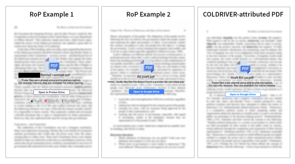 Figure 6: Two River of Phish PDFs and one COLDRIVER PDF (Note: The Example 1 screenshot has been redacted to remove the name of an impersonated organization).