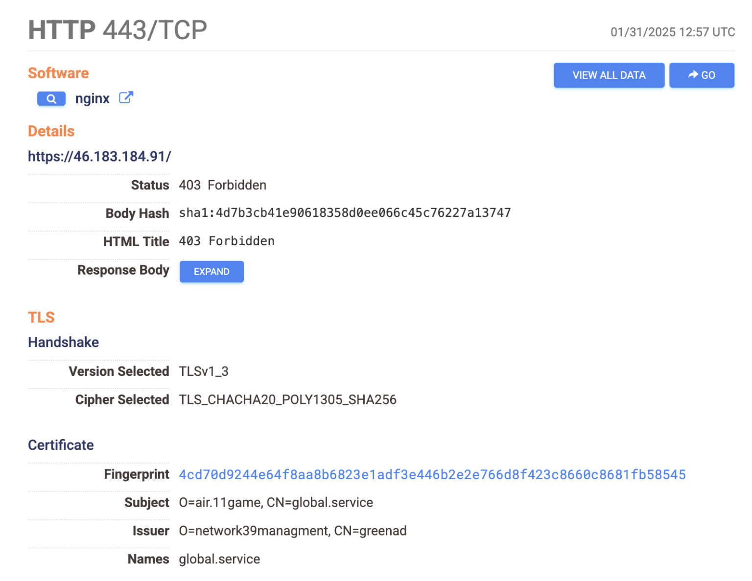 Censys result for the IP address