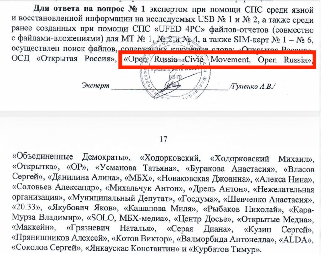 Image from the forensic report showing that the Cellebrite UFED tool was used by Russia's MVD to extract information that was searched for specific political terms.