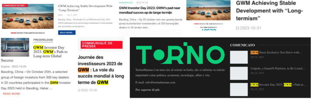 Examples of a commercial press release related to a company called Great Wall Motor being posted to six different PAPERWALL websites within the span of six days (25 to 31 October 2023). Note: we did not find any evidence that GWM was aware of its content being promoted as part of a deceptive coordinated campaign.