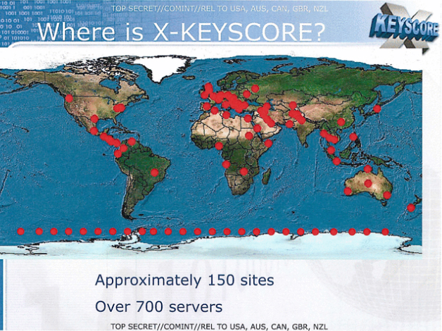 Locations of XKEYSCORE servers as described in a 2008 NSA slide deck.