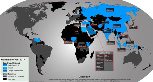 Map of BlueCoat worldwide deployments in countries of interest