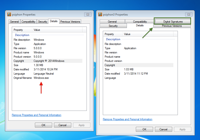 Malicious package (left) and legitimate Psiphon 3 (right). Note the original "Windows.exe" file name and the absence of a digital signature in the malicious file.