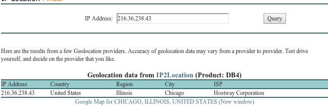 Figure 4: Geolocation information for the blockpage IP (Source: http://iplocation.net) 
