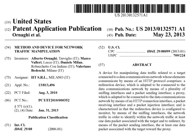 Hacking Team’s patent application for “Method and Device for Network Traffic Manipulation”. 