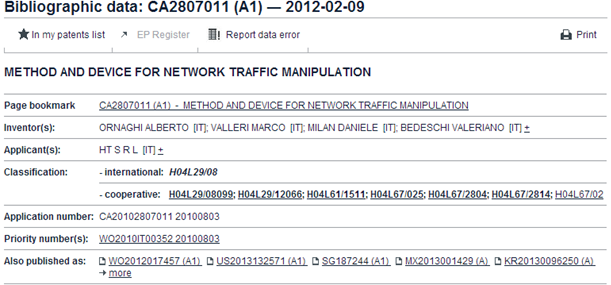 Hacking Team’s patent application for “Method and Device for Network Traffic Manipulation”. 