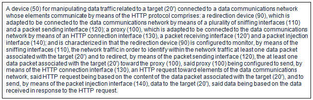 Hacking Team’s patent application for “Method and Device for Network Traffic Manipulation”. (Source)