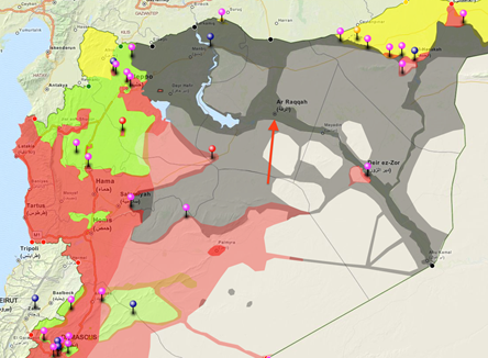 Map: Raqqah is indicated by the red arrow. Colors indicate areas mostly under the control of the following groups: Black = ISIS, Red = Syrian Regime, Green = Free Syrian Army, Yellow = Kurdish. Note: the map is not highly detailed, nor completely up-to-date, but is useful in showing general areas of control. Source: @DeSyracuse 