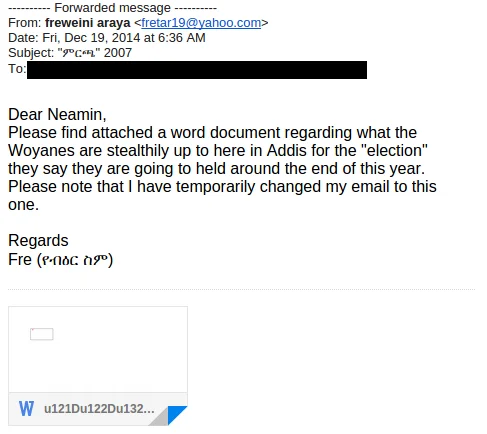 Figure 1: Spyware sent to Neamin Zeleke, Managing Director of ESAT, promises information on the upcoming elections.
