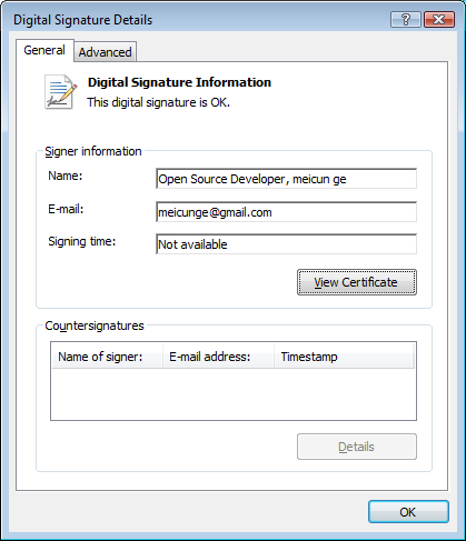 Figure 2: The spyware is signed by a certificate purportedly issued to “Meicun Ge” in China. Windows accepts the signature as valid.