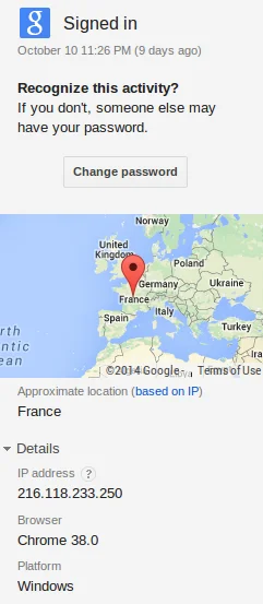 Figure 6: The GMail account of an individual infected by the same attacker was accessed from an IP address that hosted a computer called “INSA-PC.” Google incorrectly geolocates the address in France.