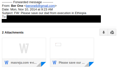 Figure 8: November 10, 2014 spyware e-mail implores “Please save our dad from execution in Ethiopia.”