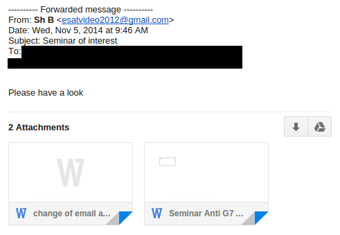 Figure 9: November 5, 2014 spyware e-mail promises a “Seminar of interest.”