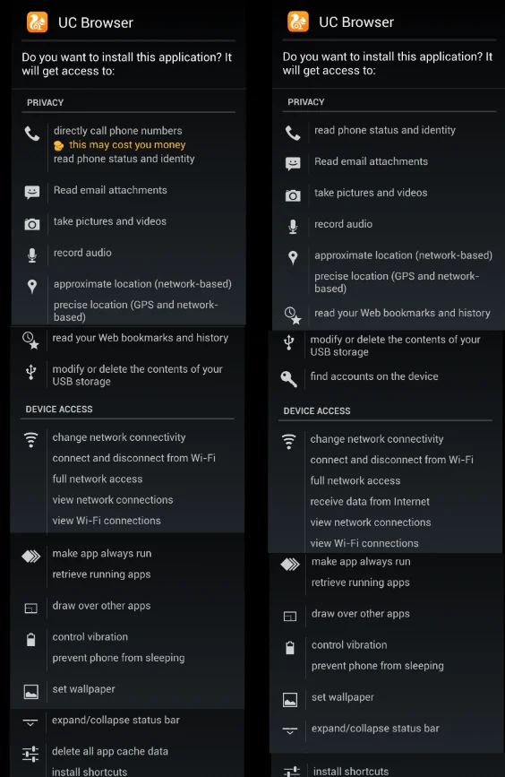 Side-by-side comparison of permissions requested during installation of UC Browser (Chinese) (left) and UC Browser (English) (right) versions of UC Browser.