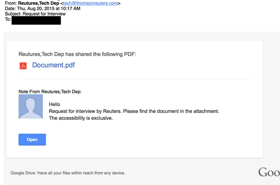 Image 10: An e-mail masquerading as sent from the Reuters news agency’s “Tech Dep” and promising an interview.
