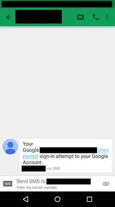 عکس ۲: پیامک جعلی درباره تلاش برای ورود به حساب کاربری گوگل