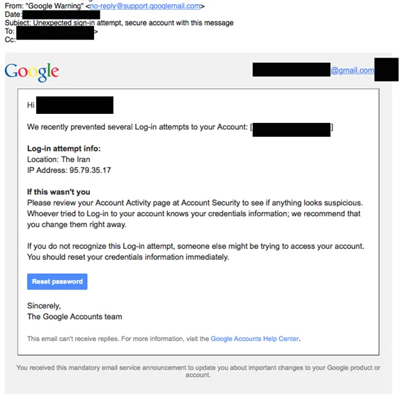 عکس ۳: ارسال کننده پیامک نیز تلاش داشته که نام دامنه ایمیل خود را بسیار شبیه به نام دامنه گوگل انتخاب کند