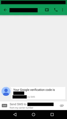 عکس ۶: پیامک‌های ساختگی رمز عبور دوم گوگل