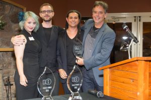 Eva Galperin with Citizen Lab's Claudio Guarnieri, Morgan Marquis-Boire, and Ron Deibert at the 2015 Pioneer Awards