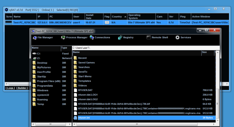 Figure 7 : Screenshot of njRAT working, and accessing the victim’s files.