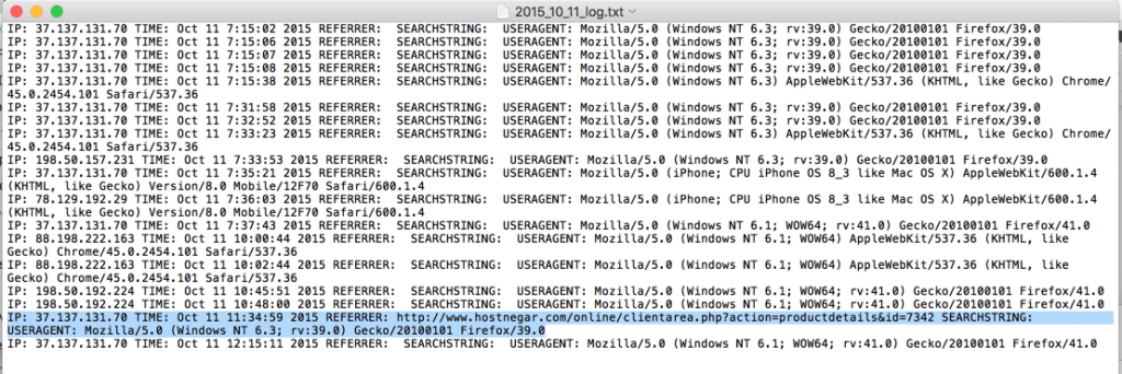 Figure 10: Screenshot of 11th October 2015 log, showing list of IP’s and referrer from hostnegar[.]com