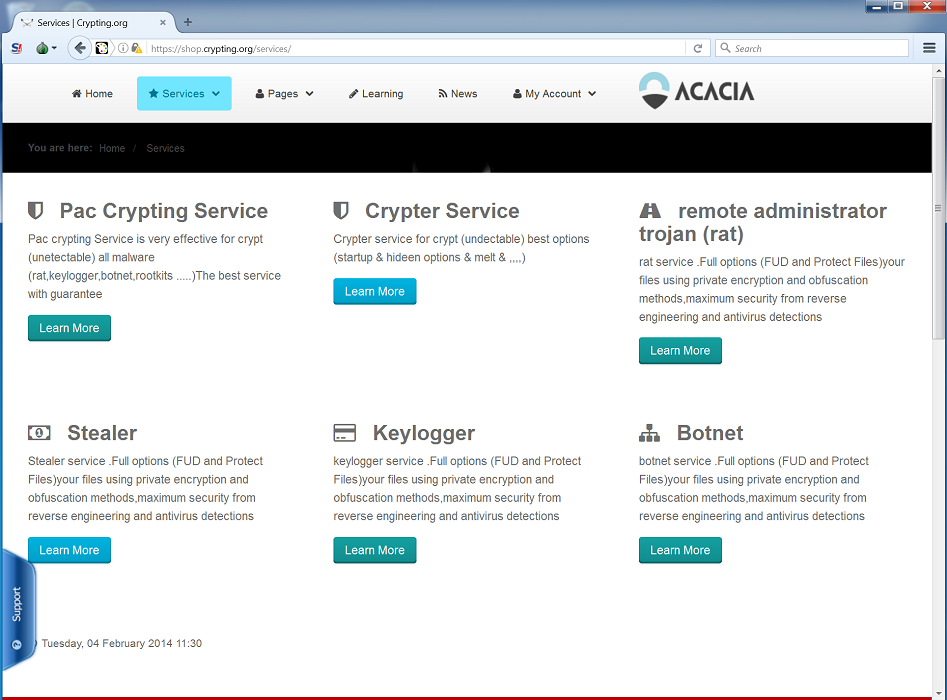 Figure 16: Crypting[.]org main page (left), list of hacking services offered (right)