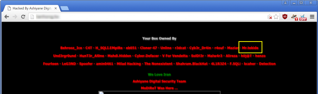 Figure 17: an Ashiyane Digital Security Team defacement page, naming Mr. Tekide 