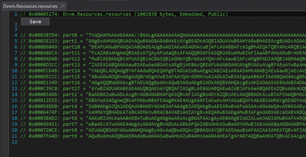 Figure 21: Base64 strings found in the resource section of the packed executable.