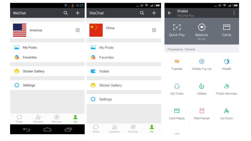 Figure 15: Screenshots of user profile pages for WeChat accounts registered in the US (right), China (Middle). Only the China account has access to WeChat wallet features. The interface to WeChat Wallet is shown on the left. 