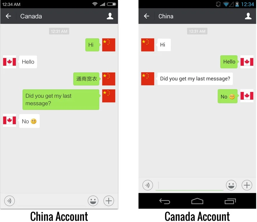 The user on the left with a China account attempts to send “通商宽衣” in a one-to-one chat to a Canada account and is blocked. 