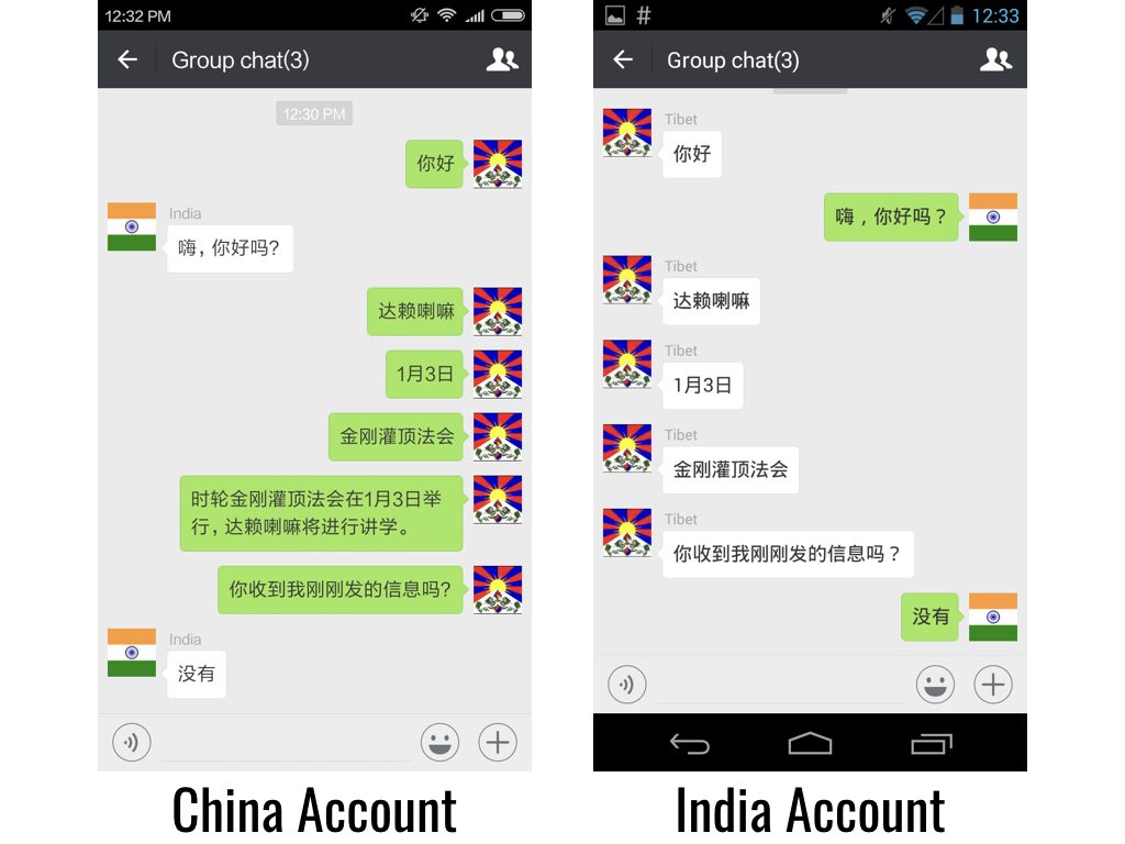Figure 3: A user with a China account attempts to send a message with the keyword combination “Kalachakra” + “Dalai Lama” + “Tibetan” in a group chat to users with International accounts and is blocked. If the keywords are sent individually they are received. 