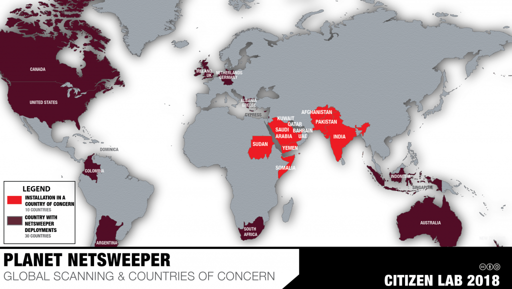Figure 2.1. Netsweeper installations and countries of concern.