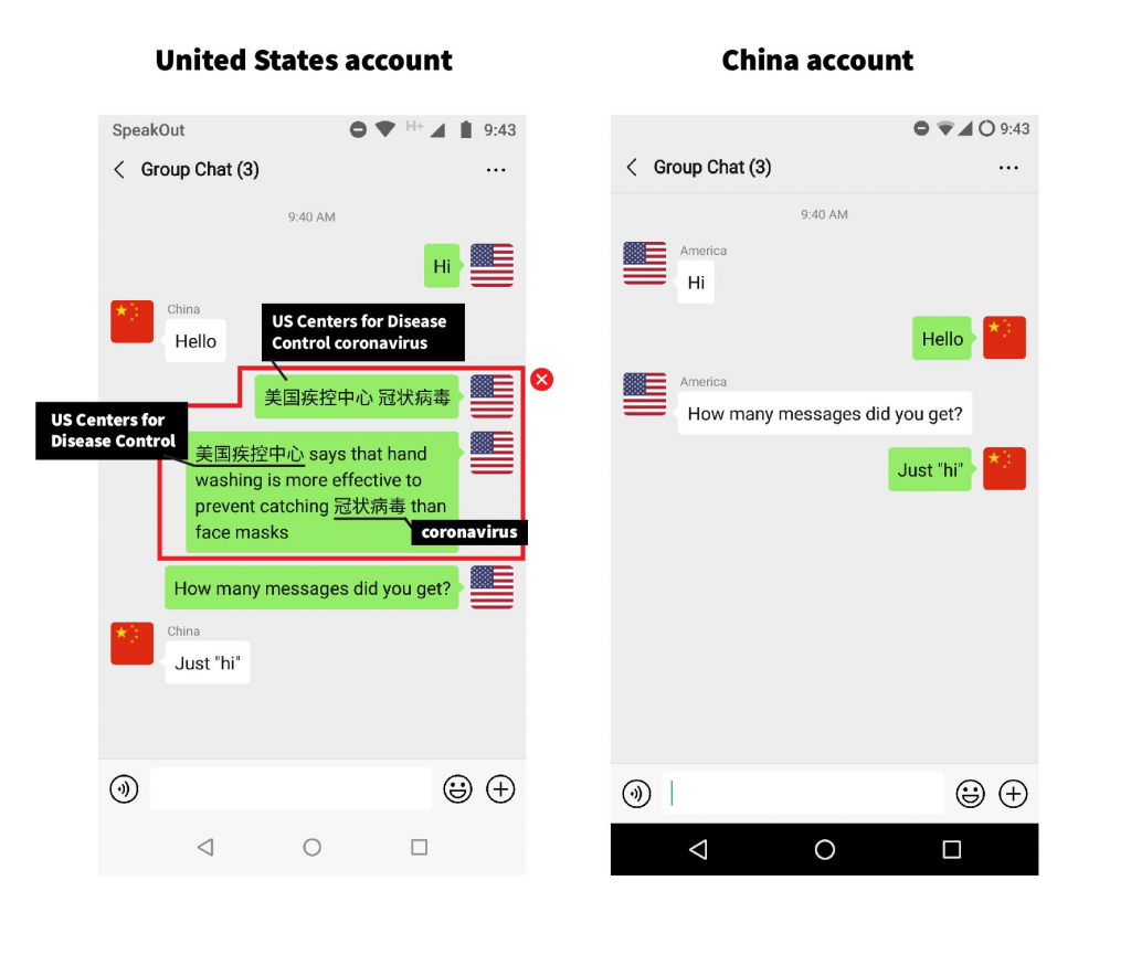 screenshot of messages on the WeChat app from a United States account and one from a China account