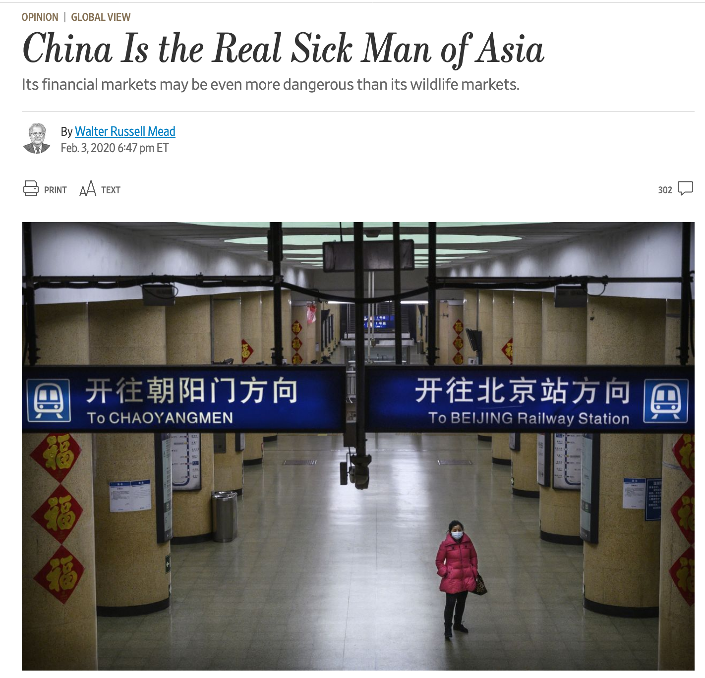 Screenshot of a WSJ article that reads "China is the real sick man of Asia".