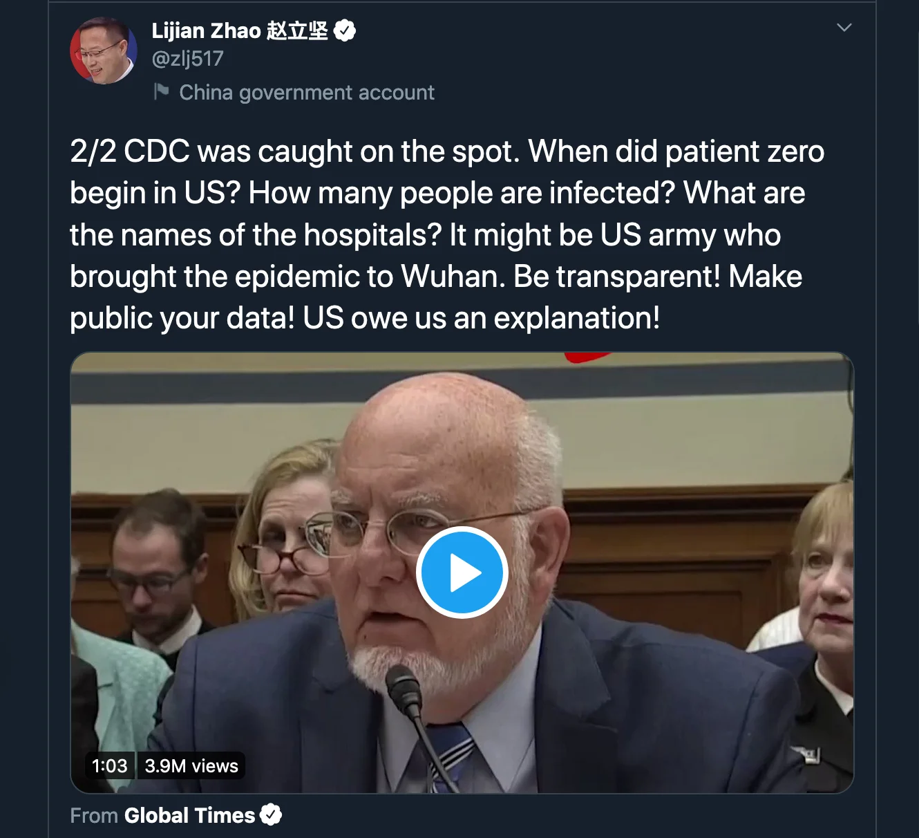Screenshot of a tweet from Lijan Zhao.