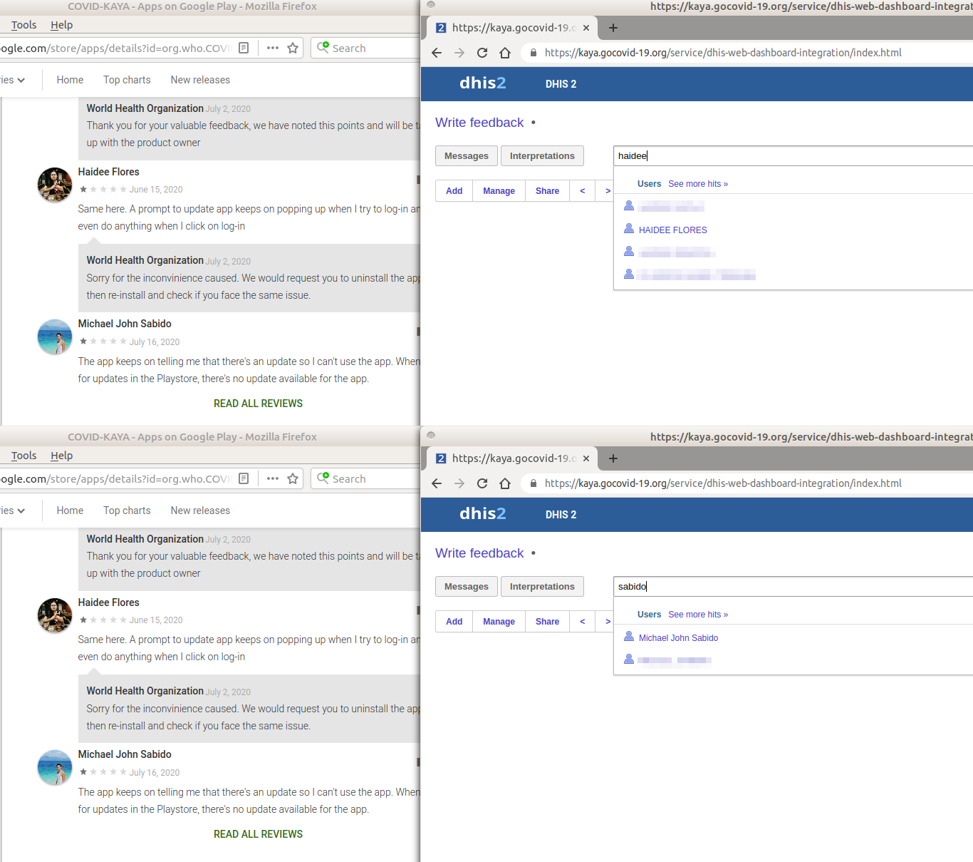 Screenshots of Google Play Store reviews (left) and web app dashboard (right) showing a match between public reviewers and the web app user list.