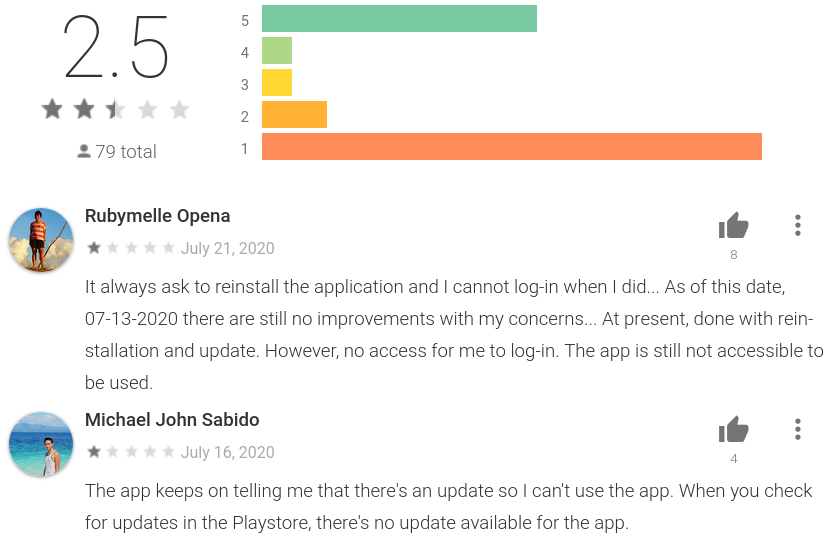 COVID-KAYA reviews on Google Play Store showing users reporting they are asked to reinstall the app