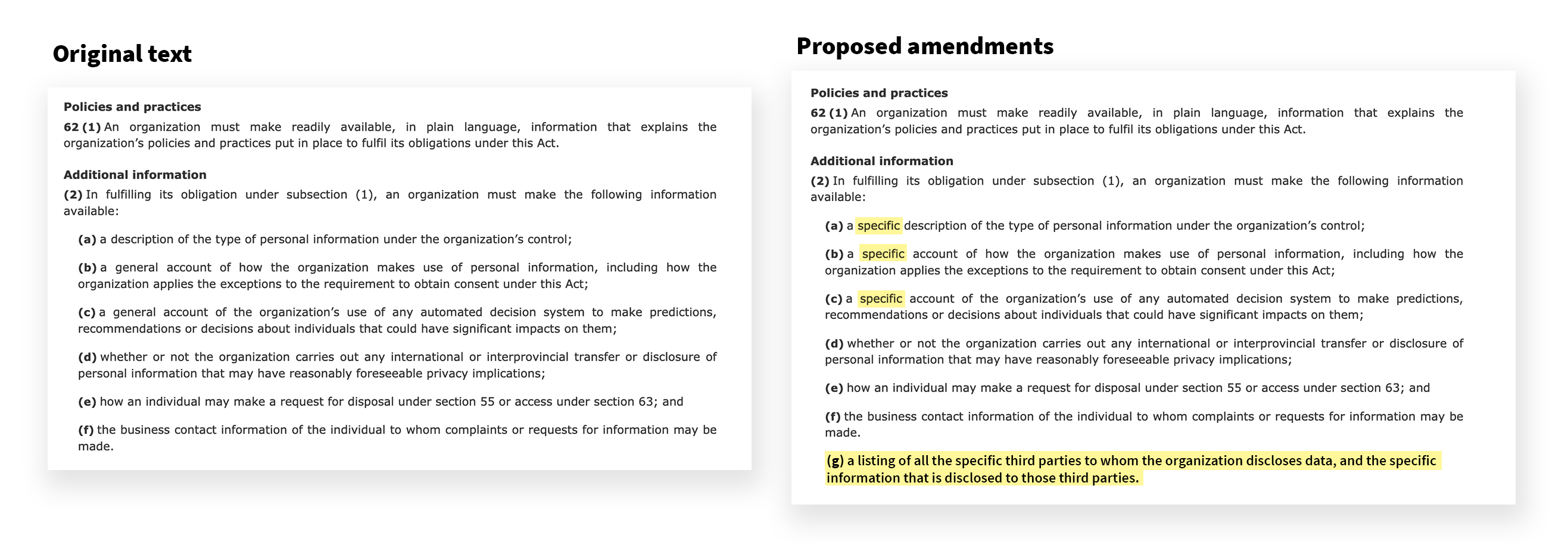 Screengrab of the original bill and proposed amendments to the Bill side by side.